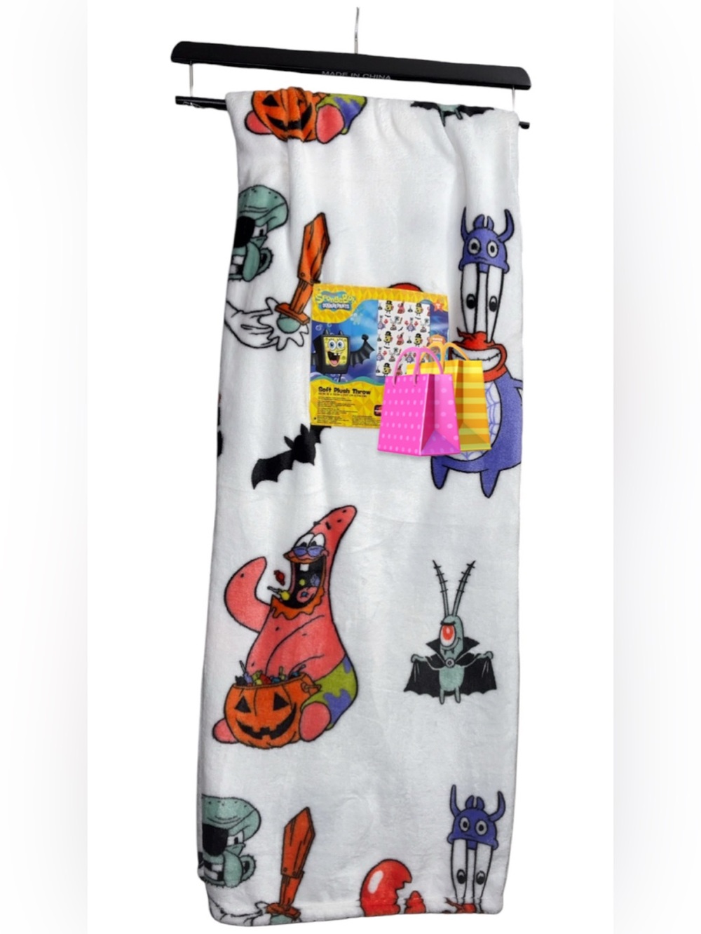 SpongeBob Halloween Plush Throw Blanket - White with Multicolor Characters